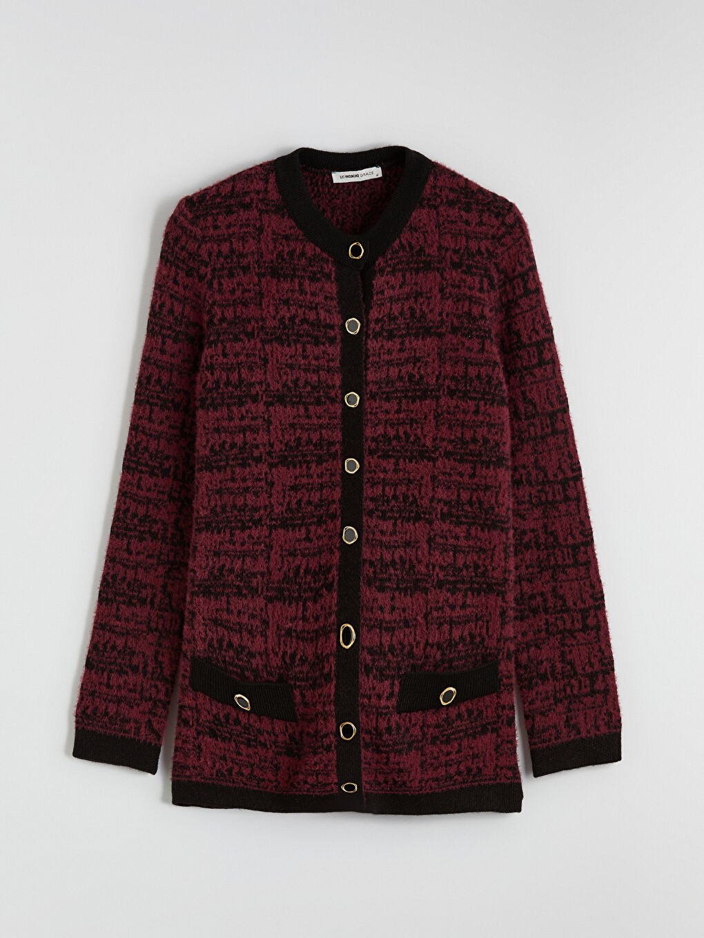 Bordo Bisiklet Yaka Desenli Kadın Triko Hırka