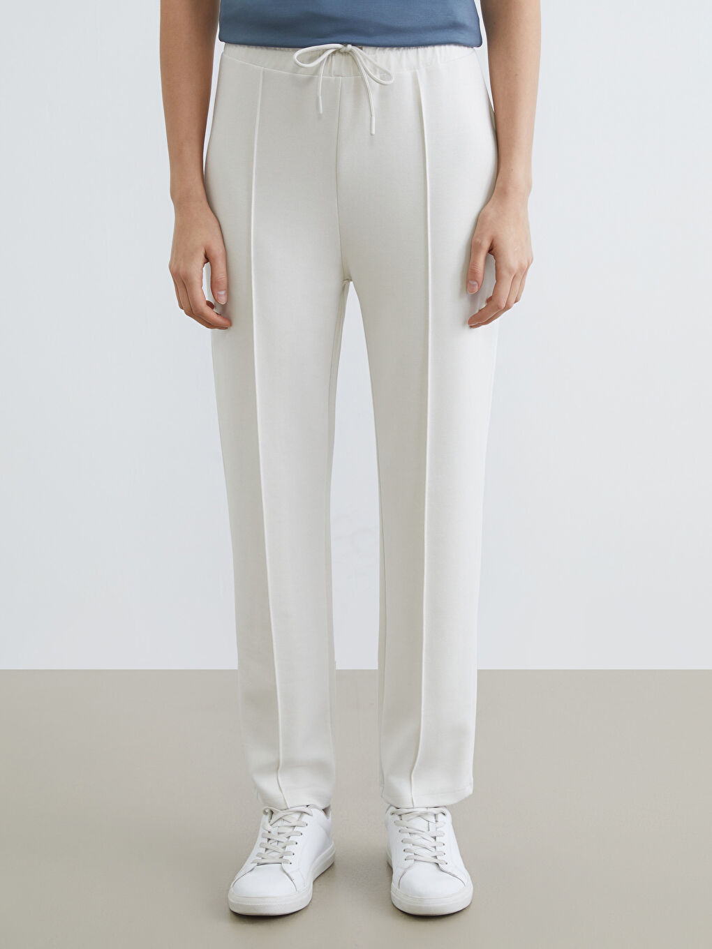 Bej Beli Lastikli Soft Touch Kadın Eşofman Altı-1