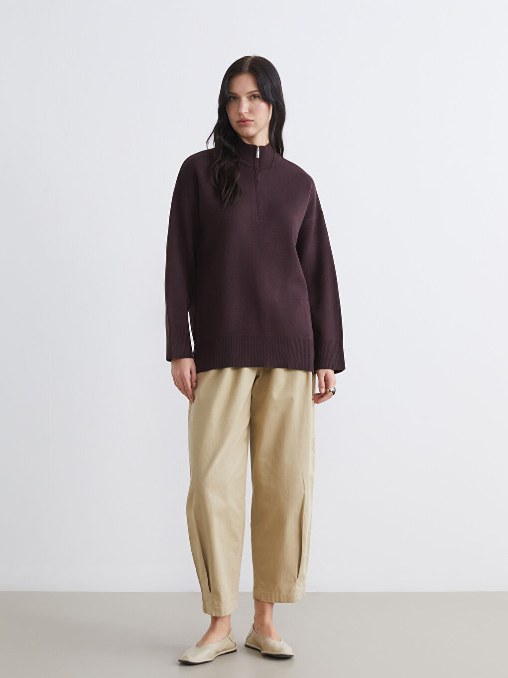 Mürdüm Dik Yaka Kadın Triko Kazak-1