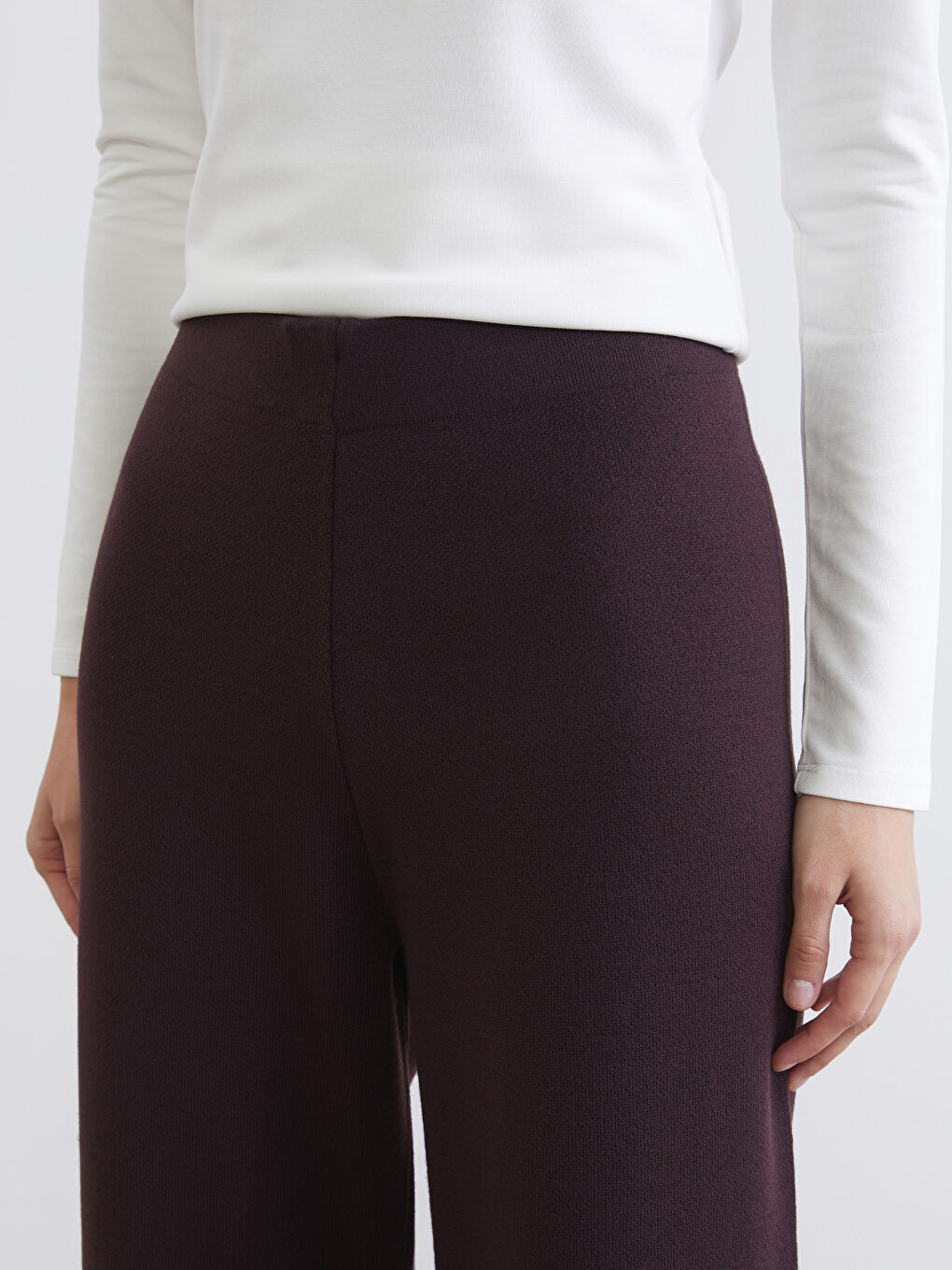 Mürdüm Beli Lastikli Kadın Triko Pantolon-2