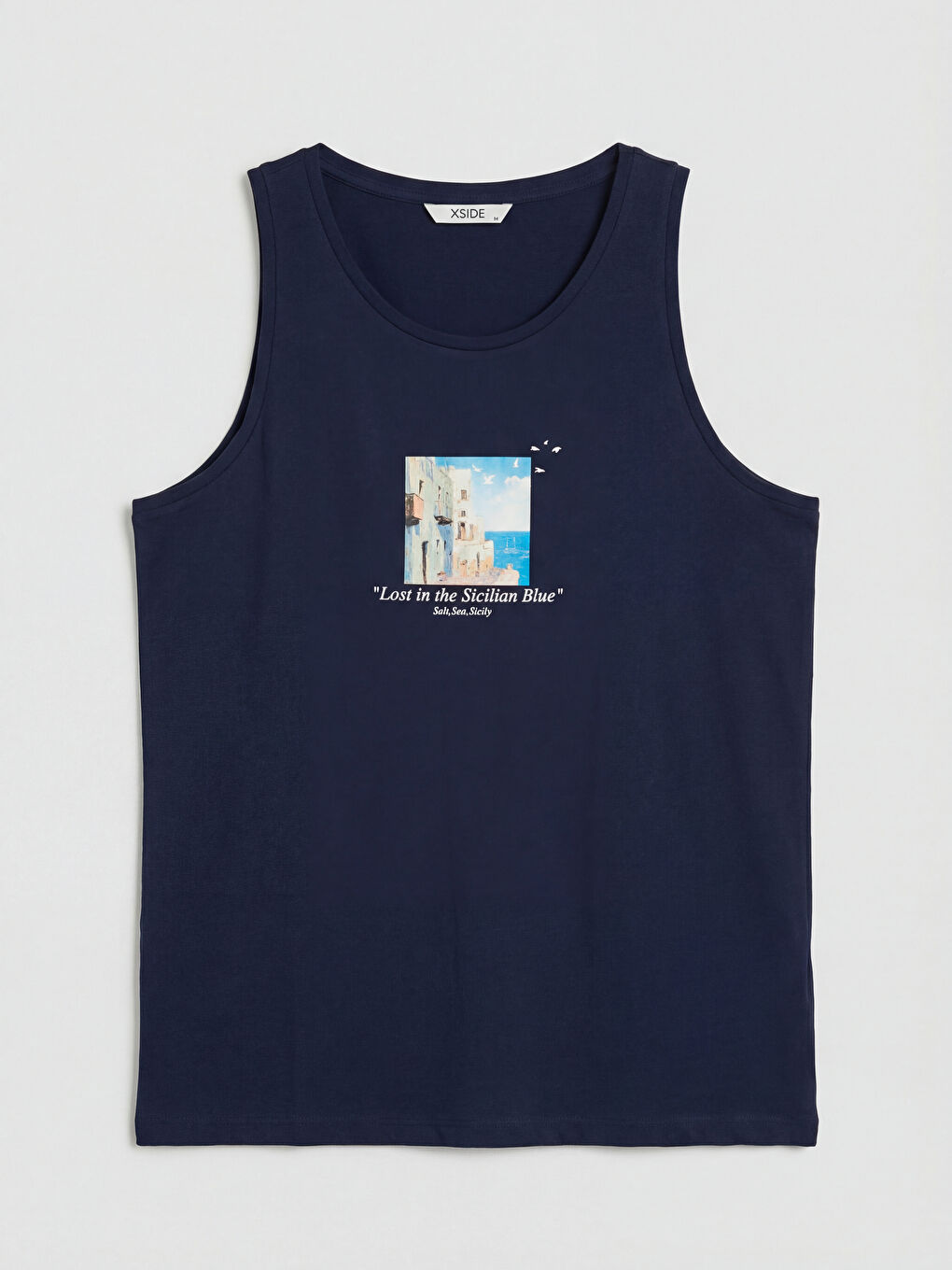 Lacivert Bisiklet Yaka Baskılı Erkek Kolsuz Tişört-3