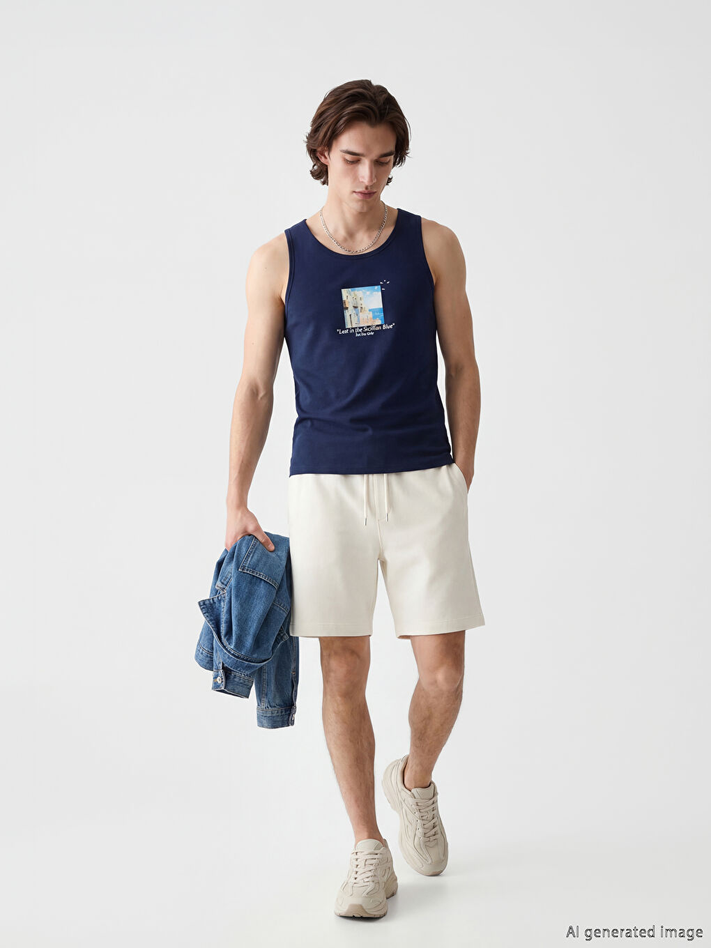 Lacivert Bisiklet Yaka Baskılı Erkek Kolsuz Tişört-1