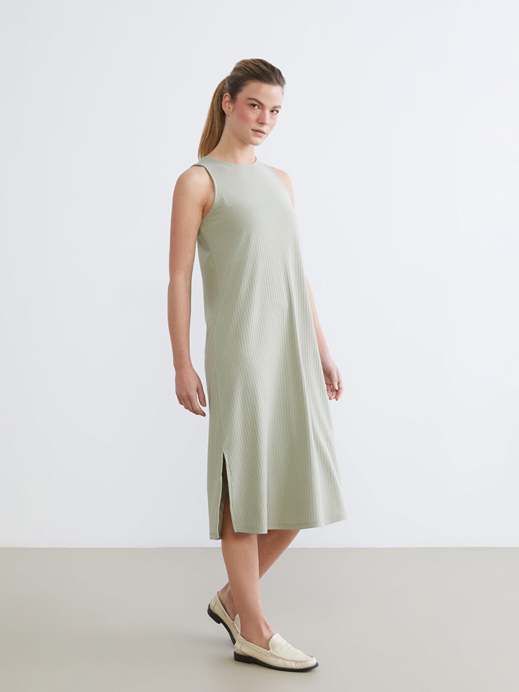 Yeşil Bisiklet Yaka Çizgili Yırtmaçlı Elbise