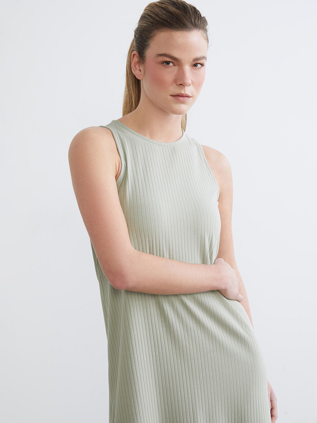 Yeşil Bisiklet Yaka Çizgili Yırtmaçlı Elbise-1