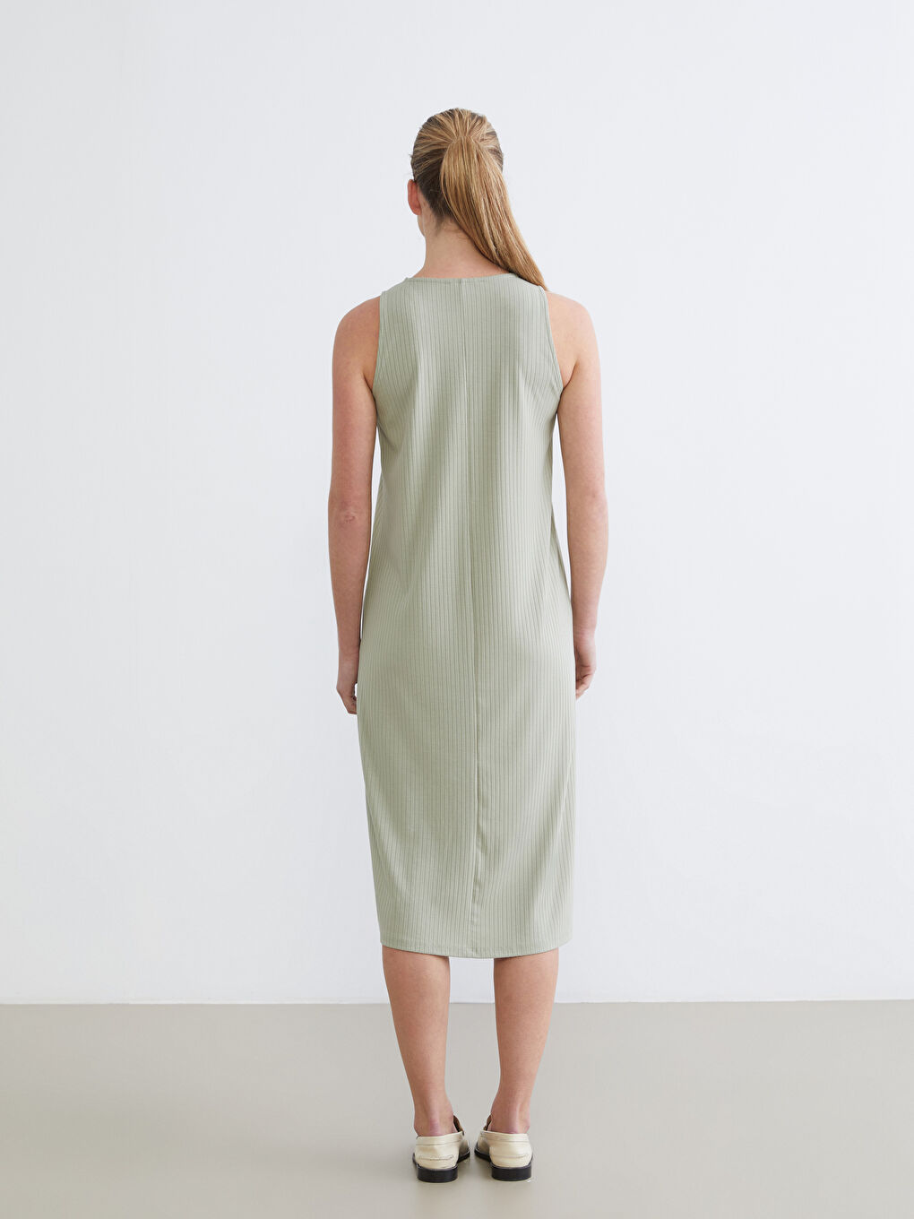 Yeşil Bisiklet Yaka Çizgili Yırtmaçlı Elbise-3