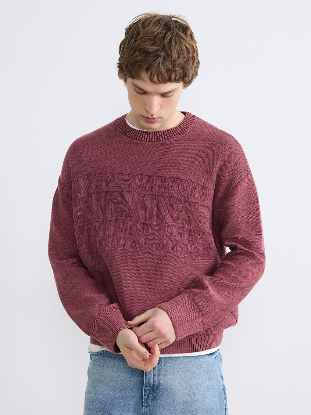 Mürdüm Bisiklet Yaka Kabartmalı Erkek Triko Kazak