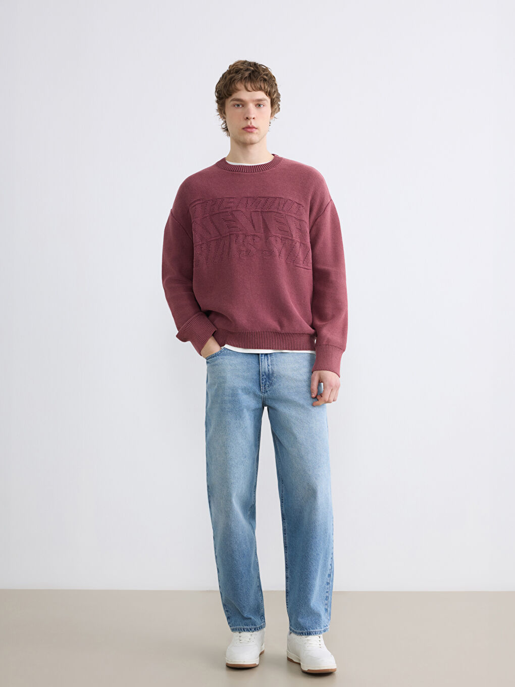 Mürdüm Bisiklet Yaka Kabartmalı Erkek Triko Kazak-1