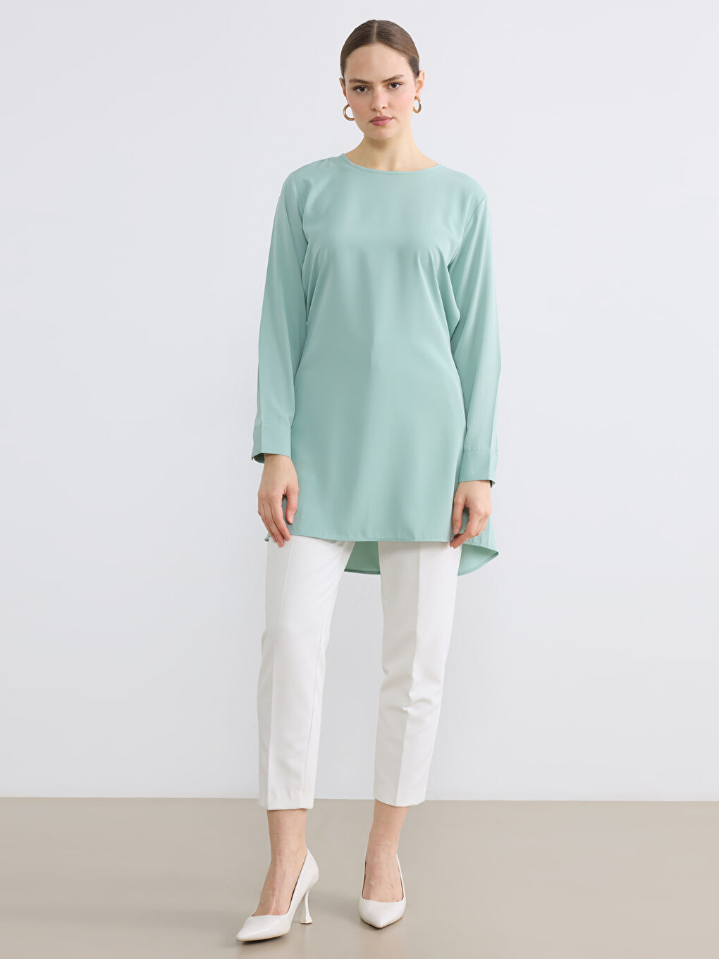 Yeşil Bisiklet Yaka Bağlama Detaylı Kadın Tunik	-1