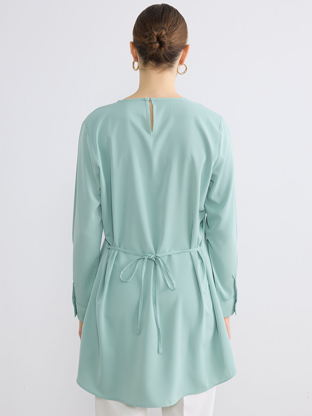 Yeşil Bisiklet Yaka Bağlama Detaylı Kadın Tunik	-3