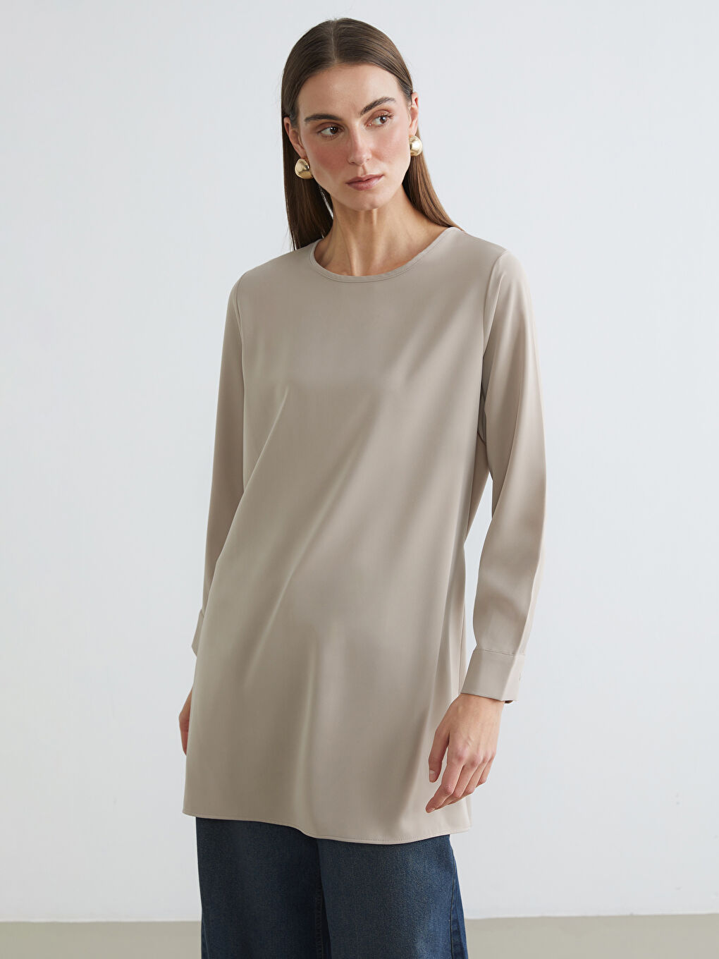 Bej Bisiklet Yaka Bağlama Detaylı Kadın Tunik	