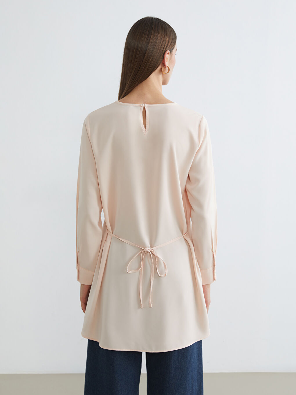 Pembe Bisiklet Yaka Bağlama Detaylı Kadın Tunik	-3