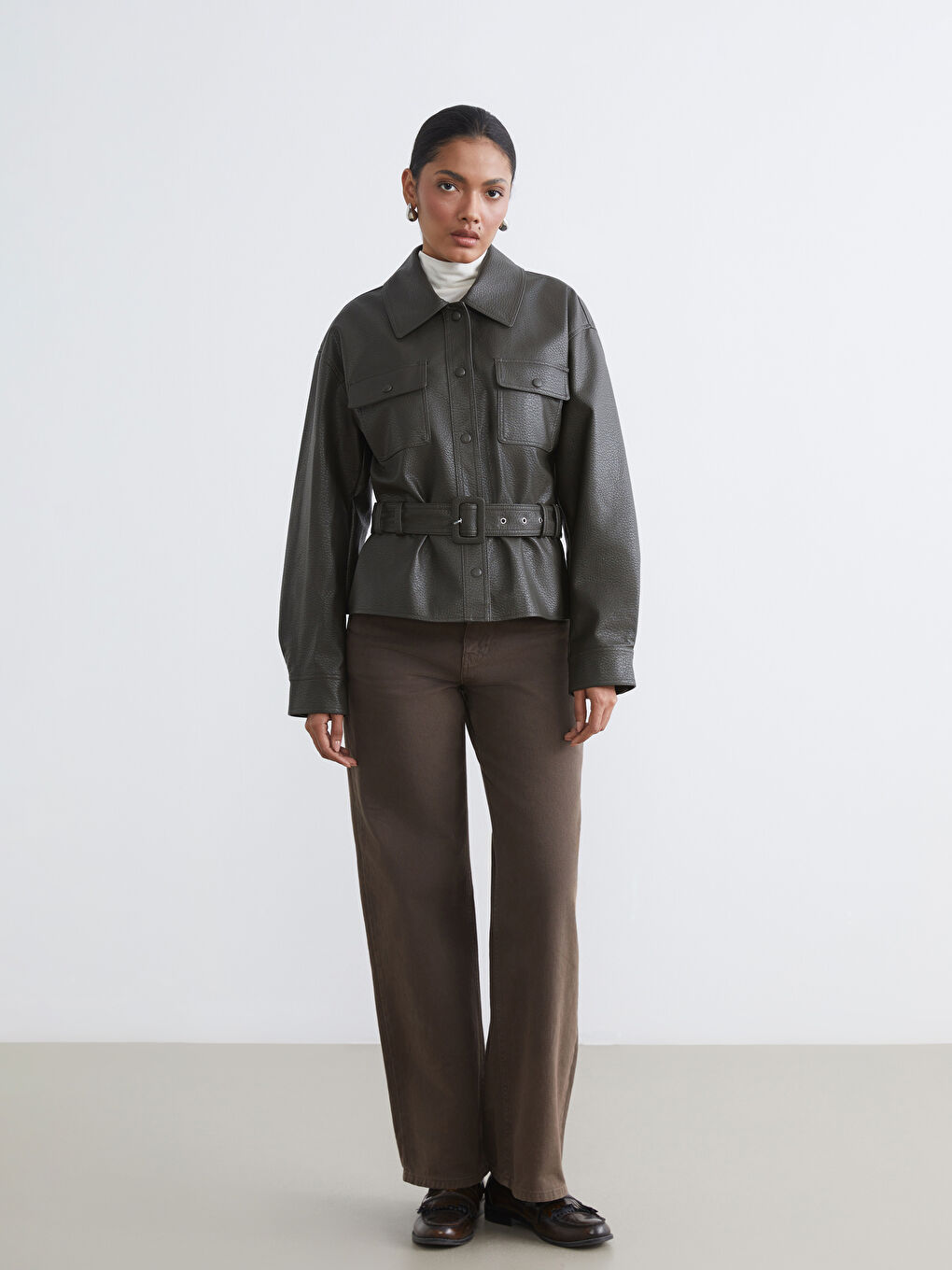 Shirt Collar Belted Women's Leather Look Jacket-1