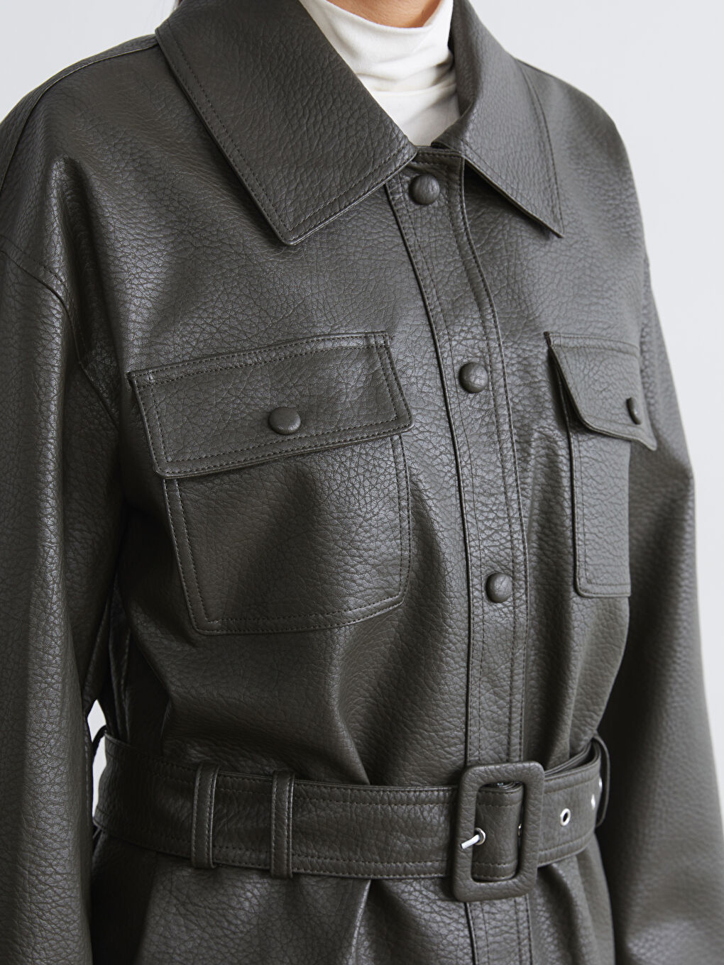 Shirt Collar Belted Women's Leather Look Jacket-2