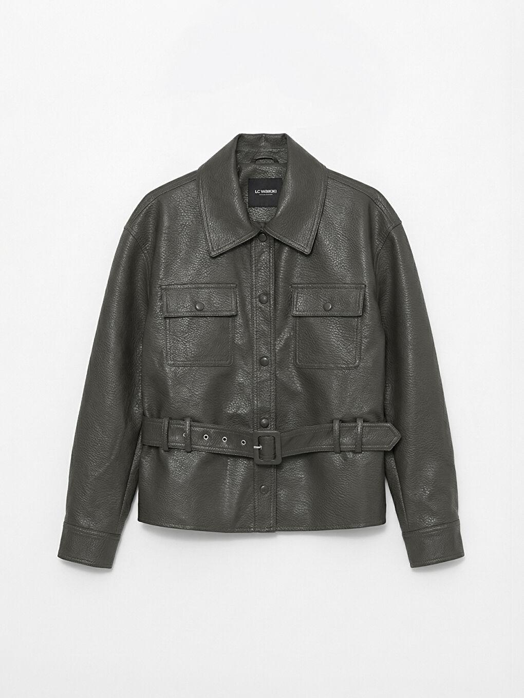 Shirt Collar Belted Women's Leather Look Jacket-5