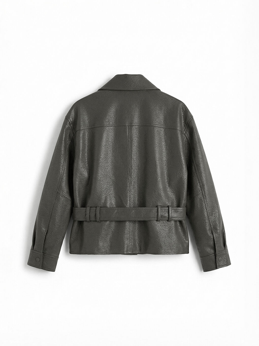 Shirt Collar Belted Women's Leather Look Jacket-6