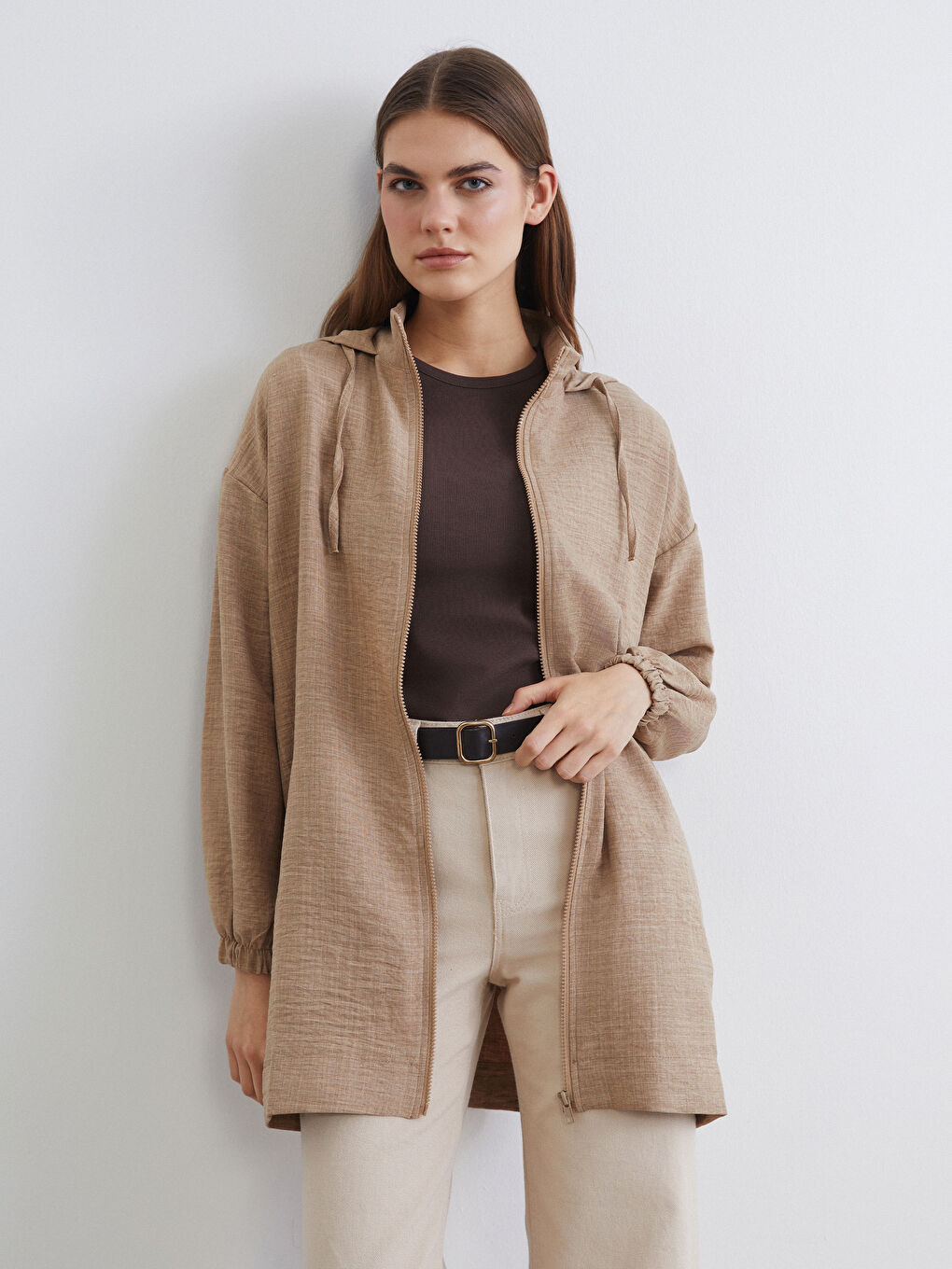 Bej Kapüşonlu Oversize Kadın Tunik