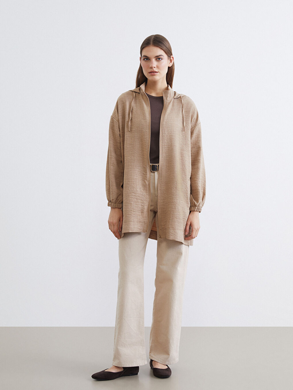 Bej Kapüşonlu Oversize Kadın Tunik-1