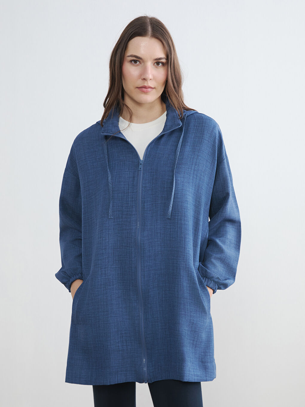 Lacivert Kapüşonlu Oversize Kadın Tunik