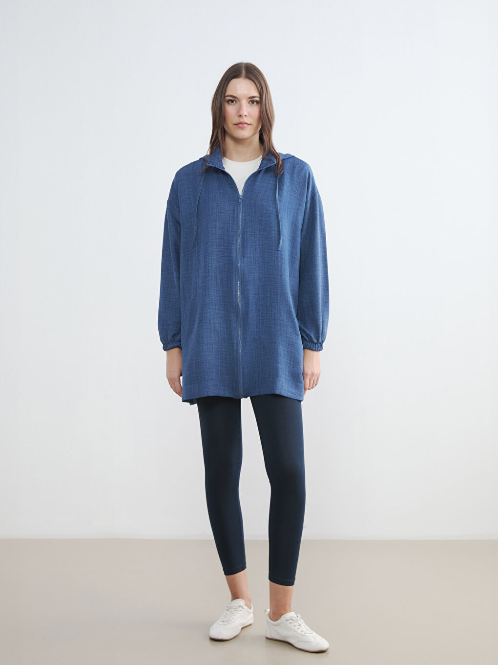 Lacivert Kapüşonlu Oversize Kadın Tunik-1