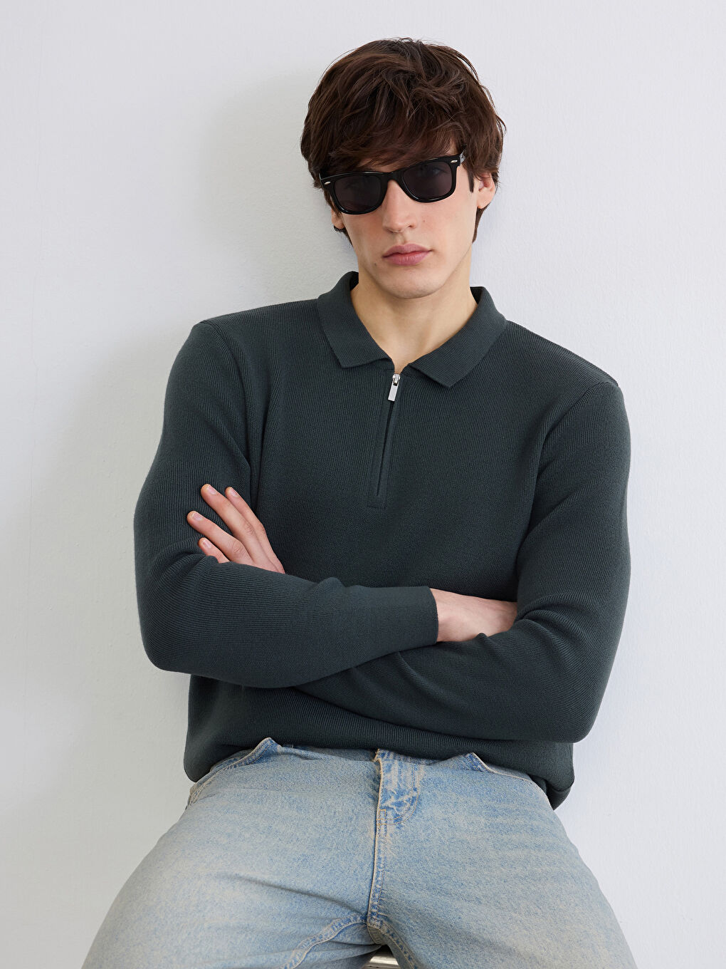 Yeşil Polo Yaka Erkek Triko Kazak