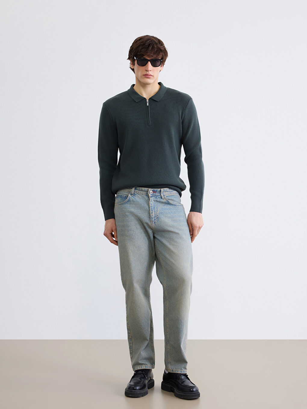 Yeşil Polo Yaka Erkek Triko Kazak-1