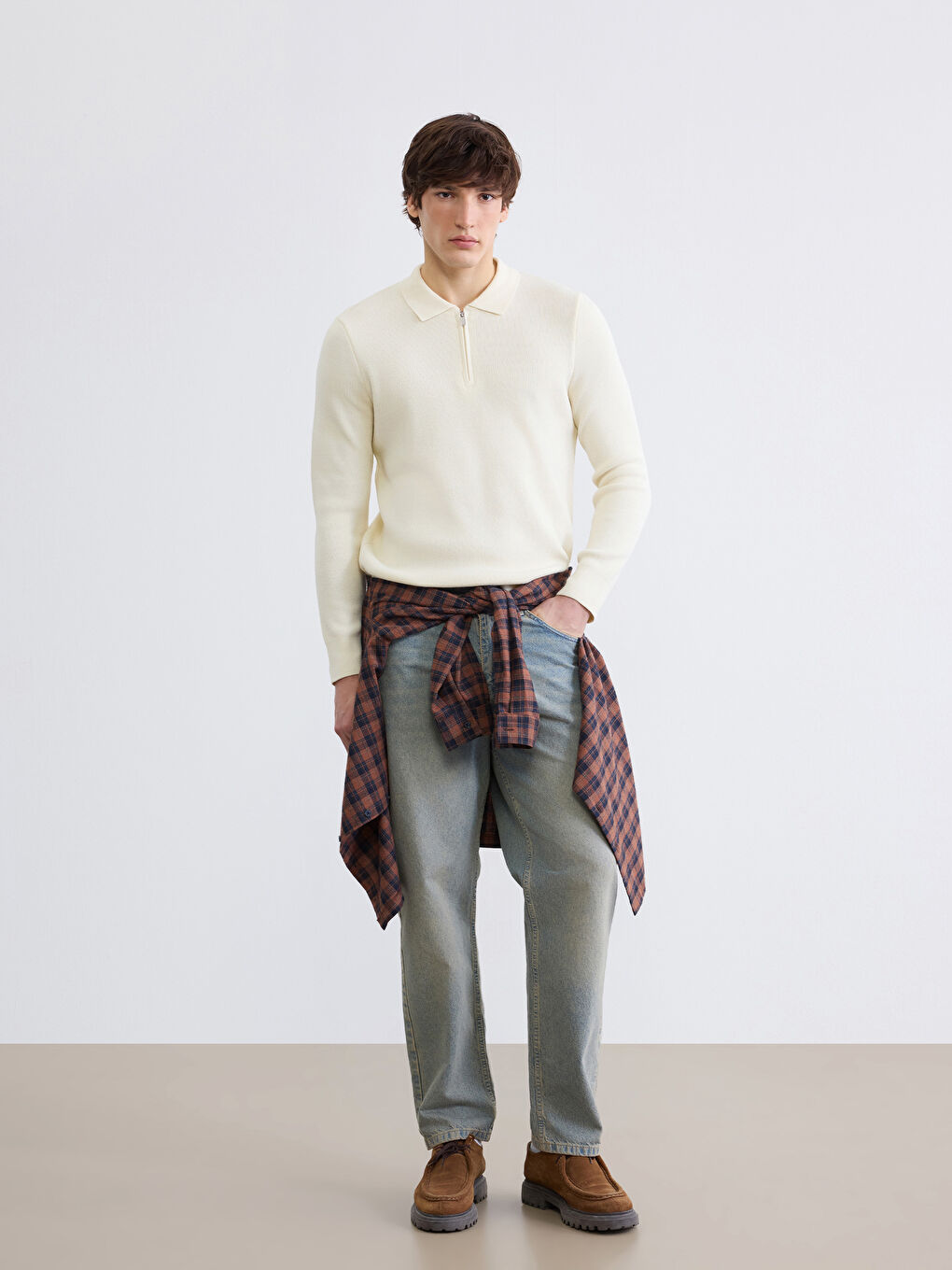 Ekru Polo Yaka Erkek Triko Kazak-1