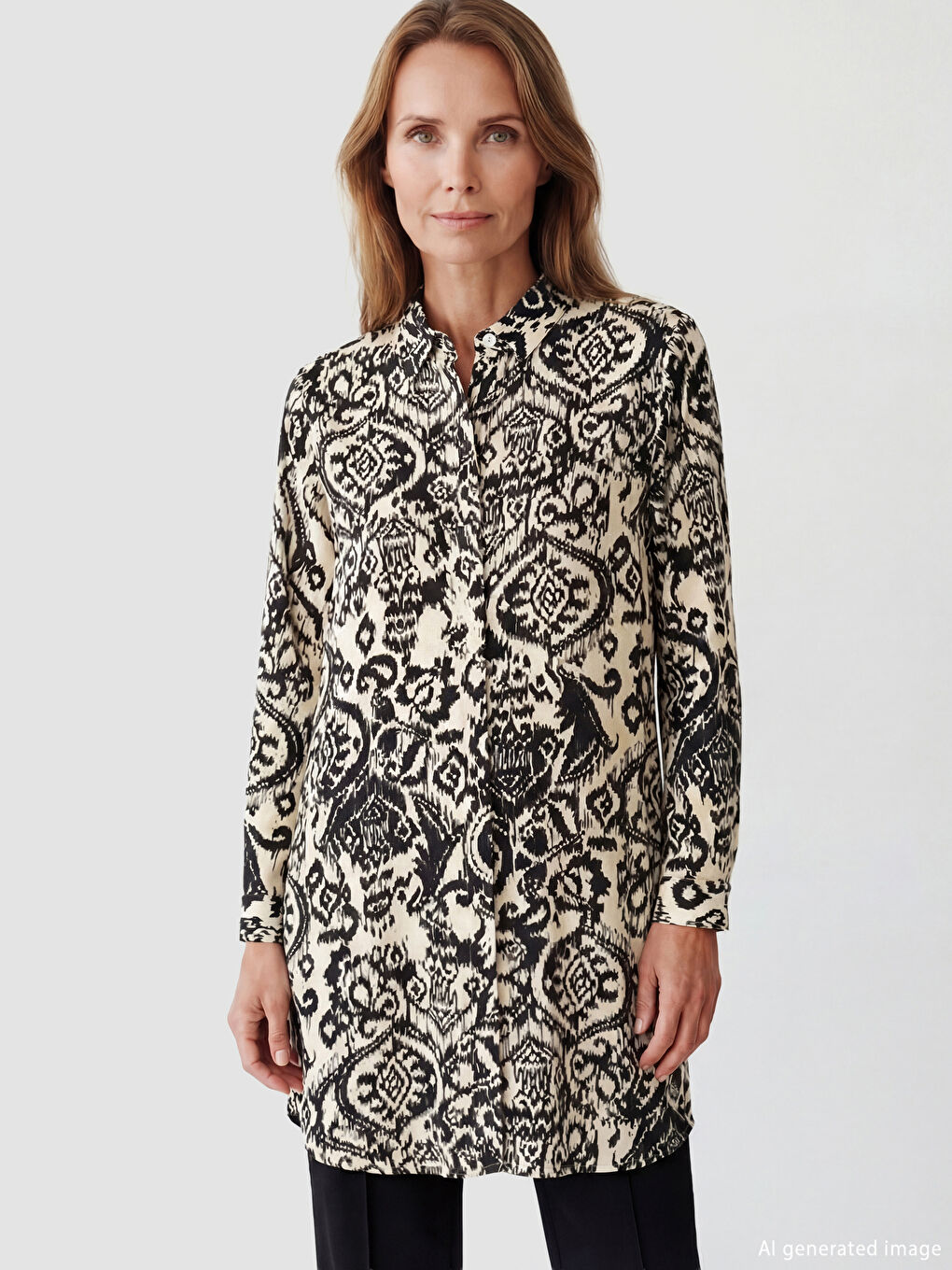 Siyah Desenli Kadın Gömlek Tunik	