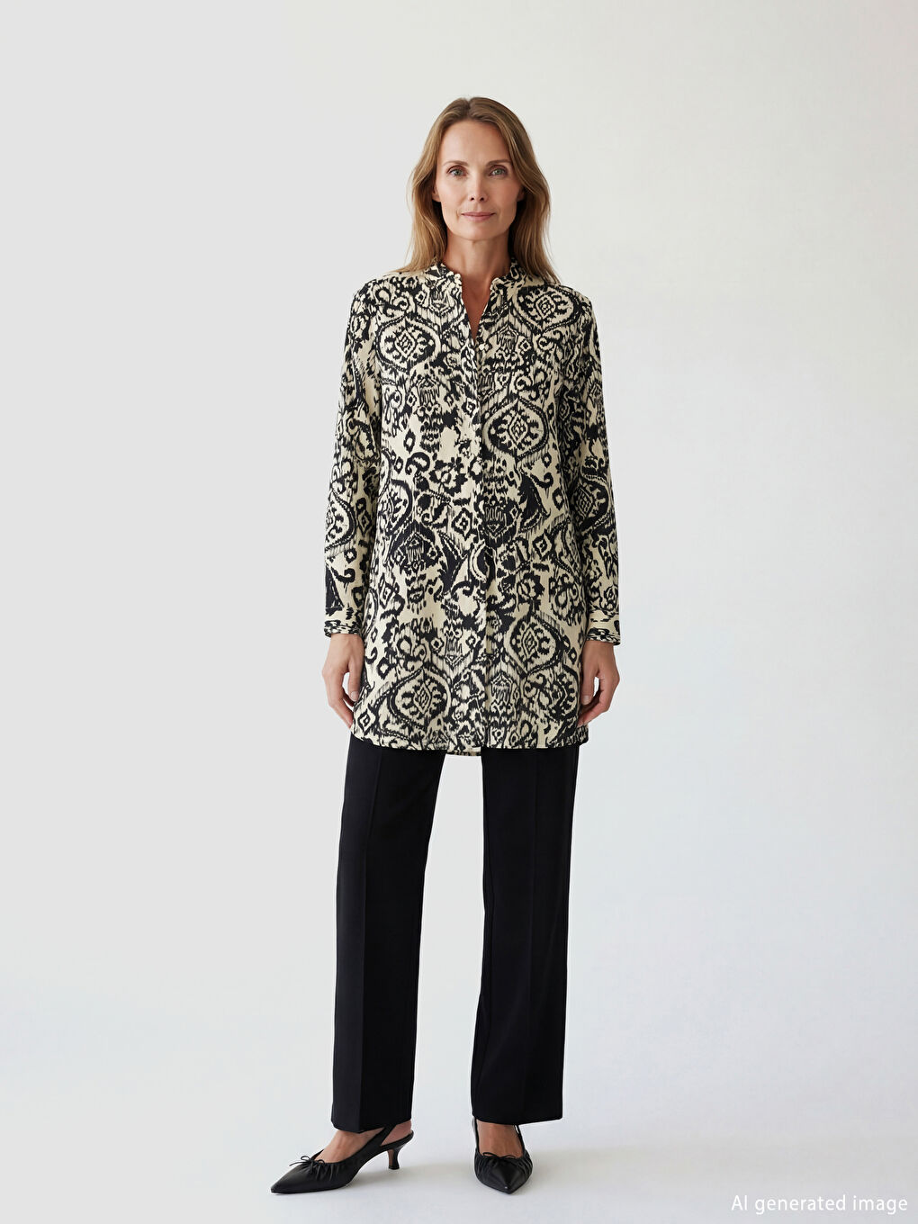 Siyah Desenli Kadın Gömlek Tunik	-1