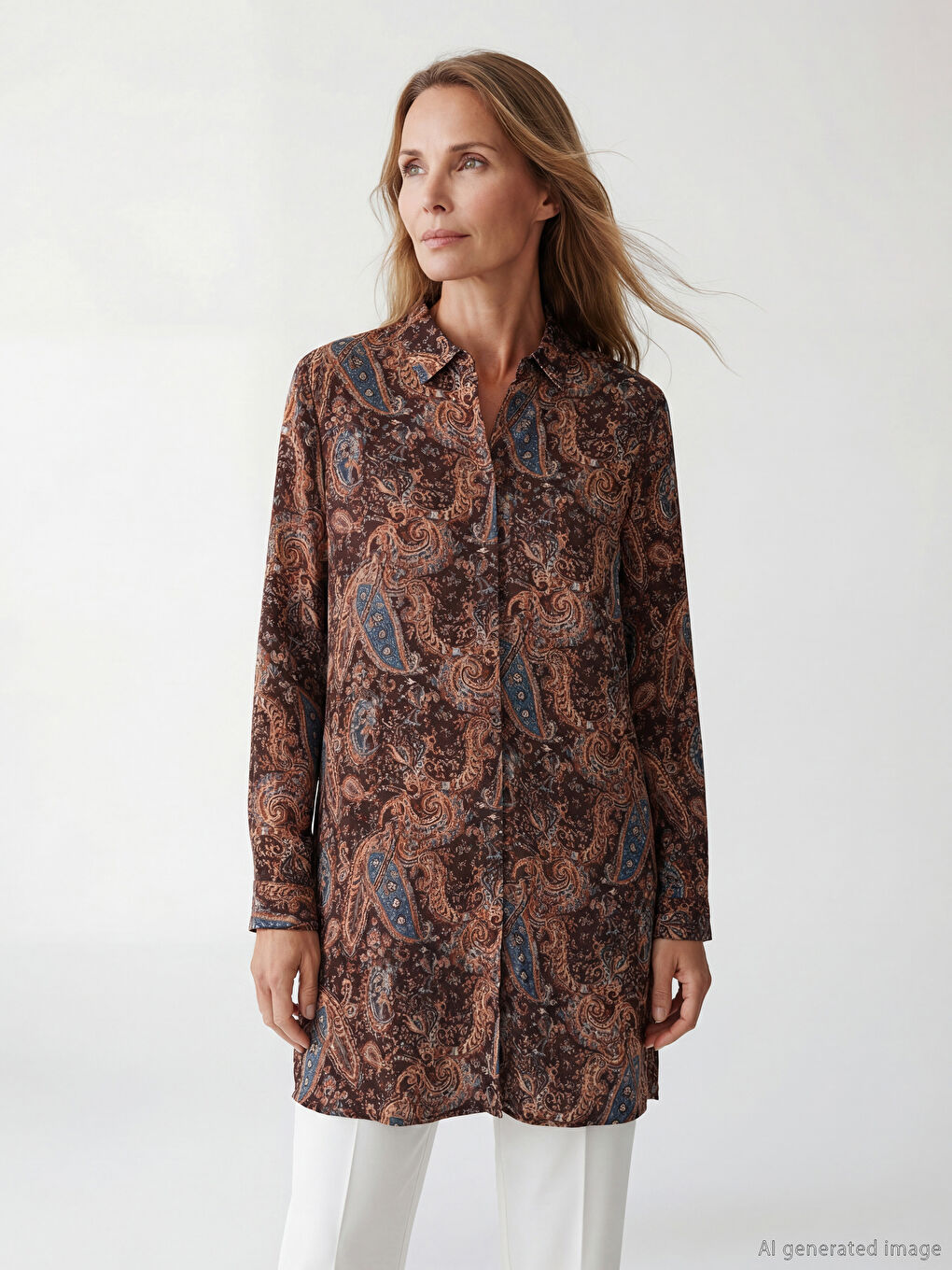 Kahverengi Desenli Kadın Gömlek Tunik	
