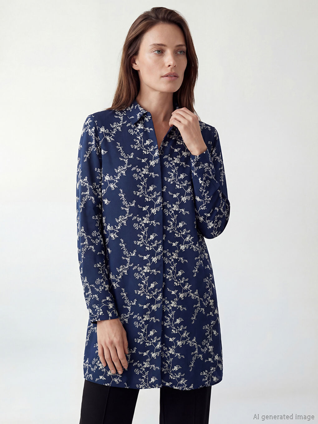 Lacivert Desenli Kadın Gömlek Tunik	