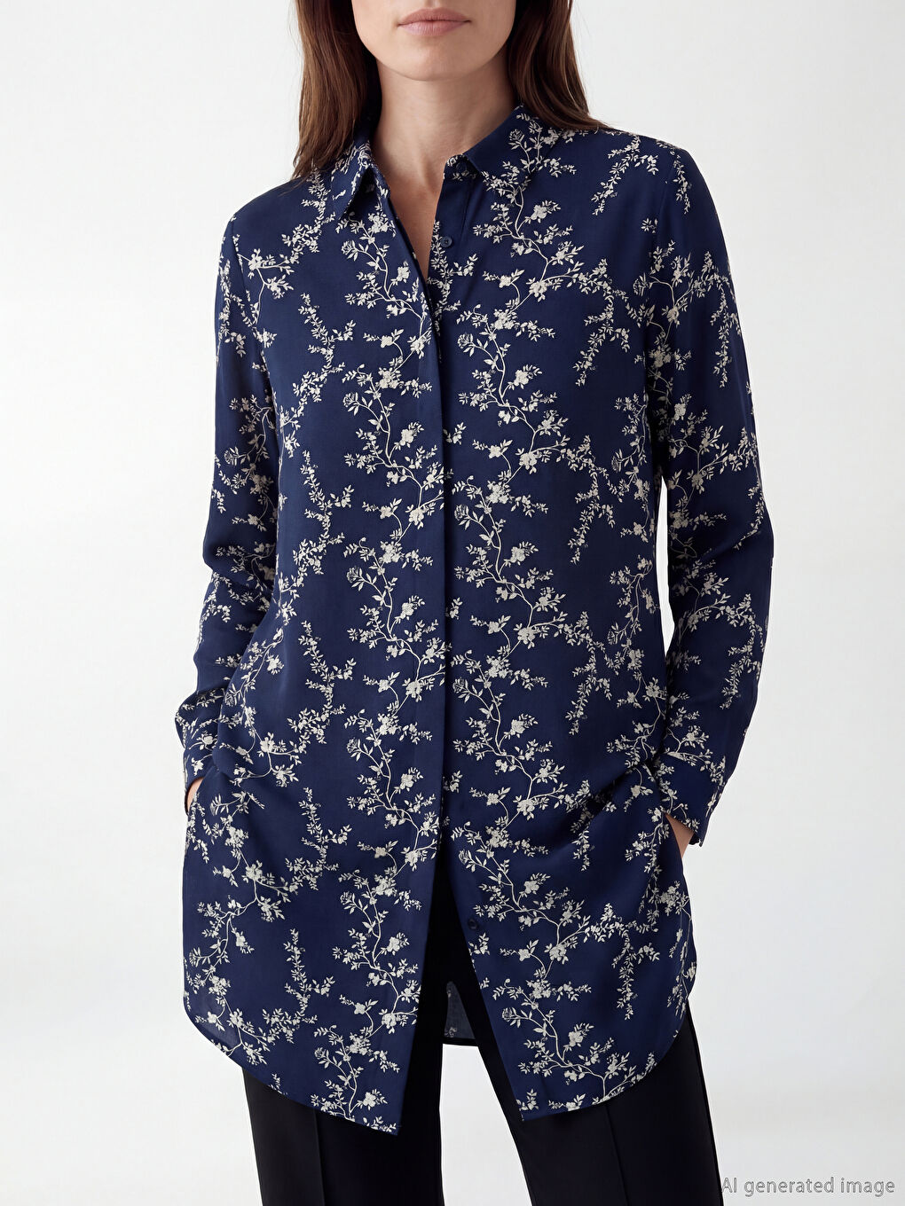 Lacivert Desenli Kadın Gömlek Tunik	-2