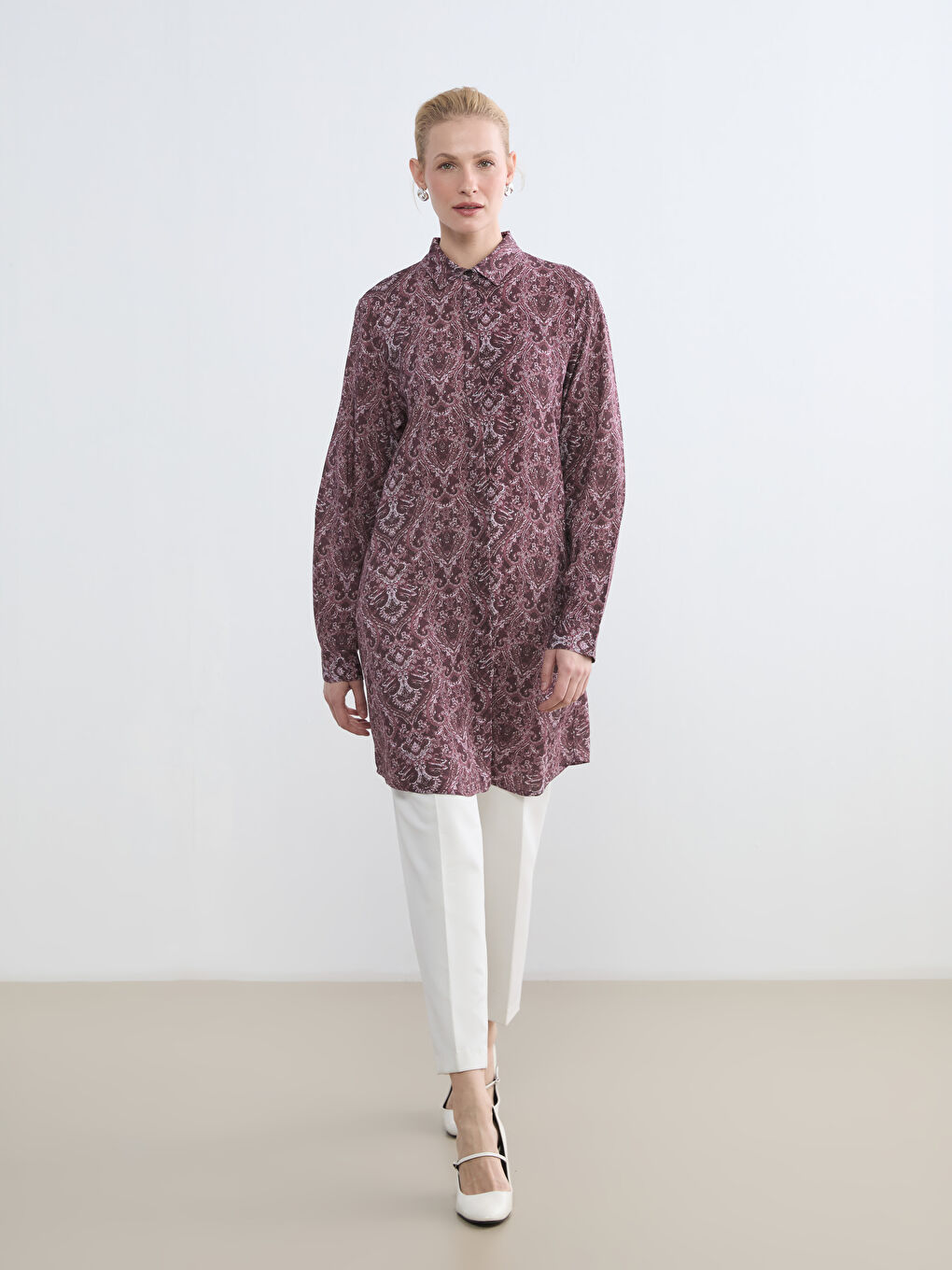 Bordo Desenli Kadın Gömlek Tunik	