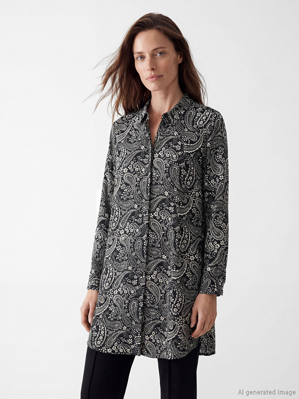 Siyah Desenli Kadın Gömlek Tunik