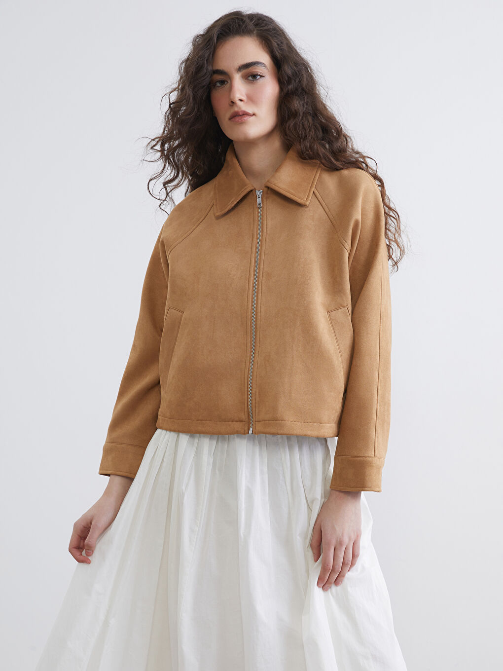 Bej Oversize Kadın Süet Görünümlü Ceket-3