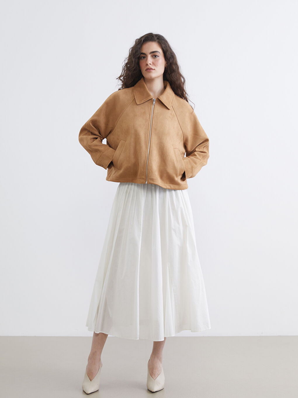 Bej Oversize Kadın Süet Görünümlü Ceket-4