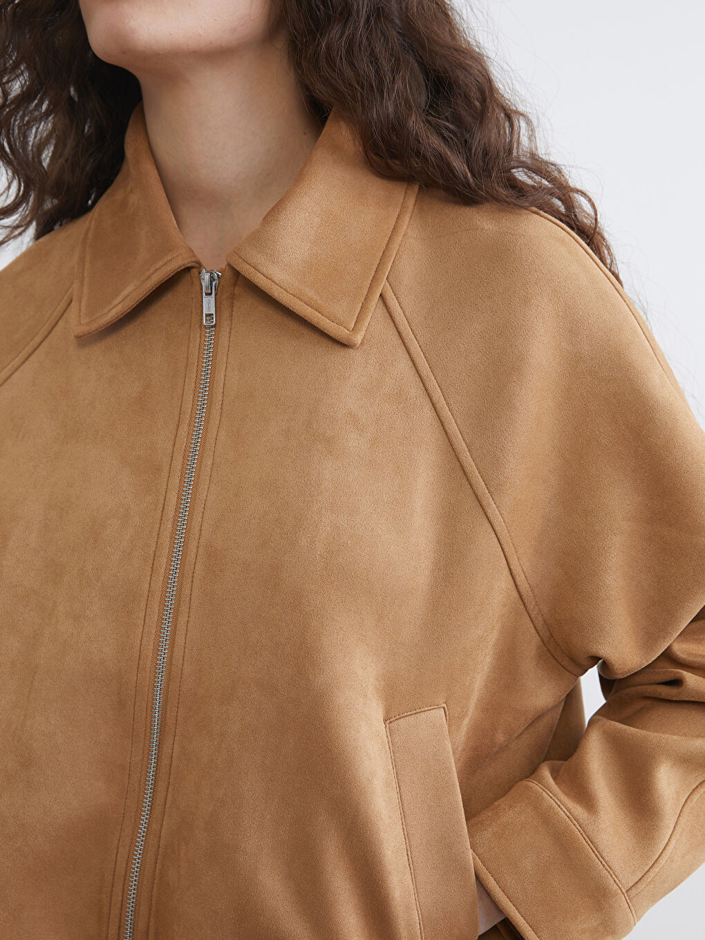 Bej Oversize Kadın Süet Görünümlü Ceket-5