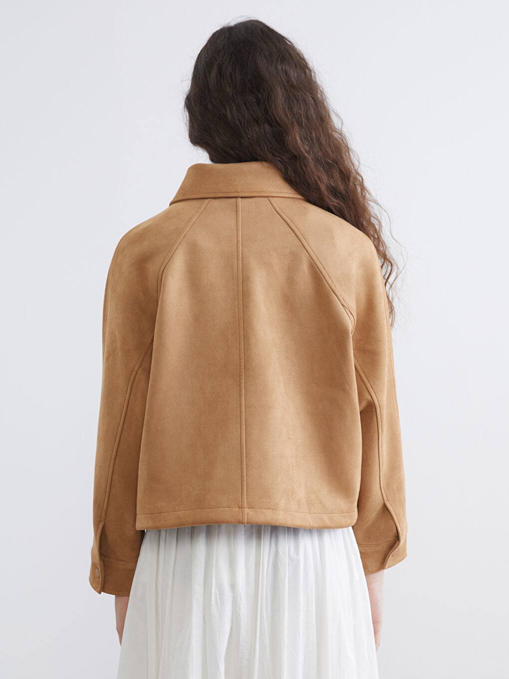 Bej Oversize Kadın Süet Görünümlü Ceket-7