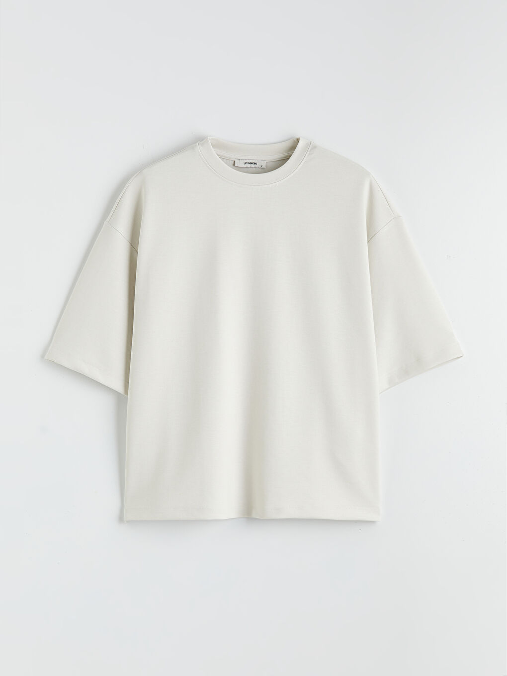 Bej Bisiklet Yaka Oversize Kadın Tişört-4