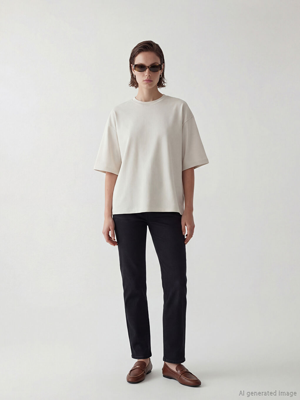 Bej Bisiklet Yaka Oversize Kadın Tişört-1