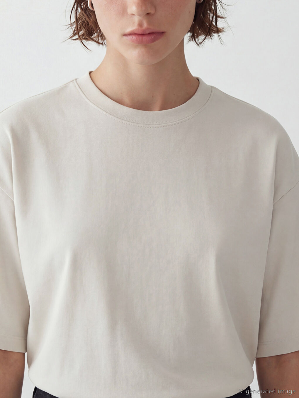 Bej Bisiklet Yaka Oversize Kadın Tişört-2