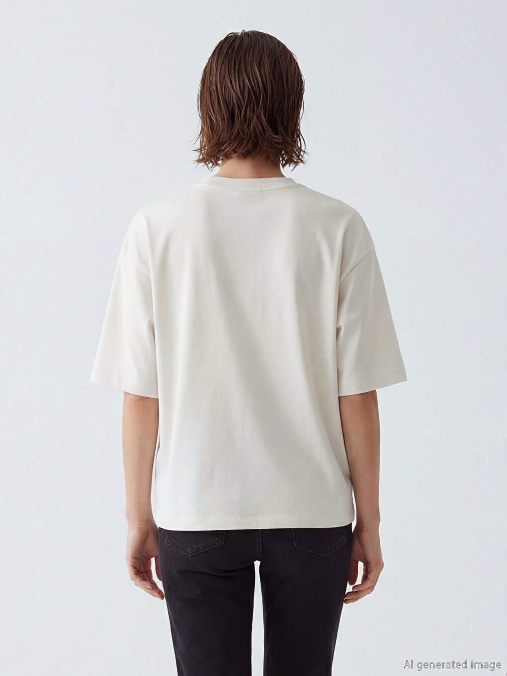 Bej Bisiklet Yaka Oversize Kadın Tişört-3