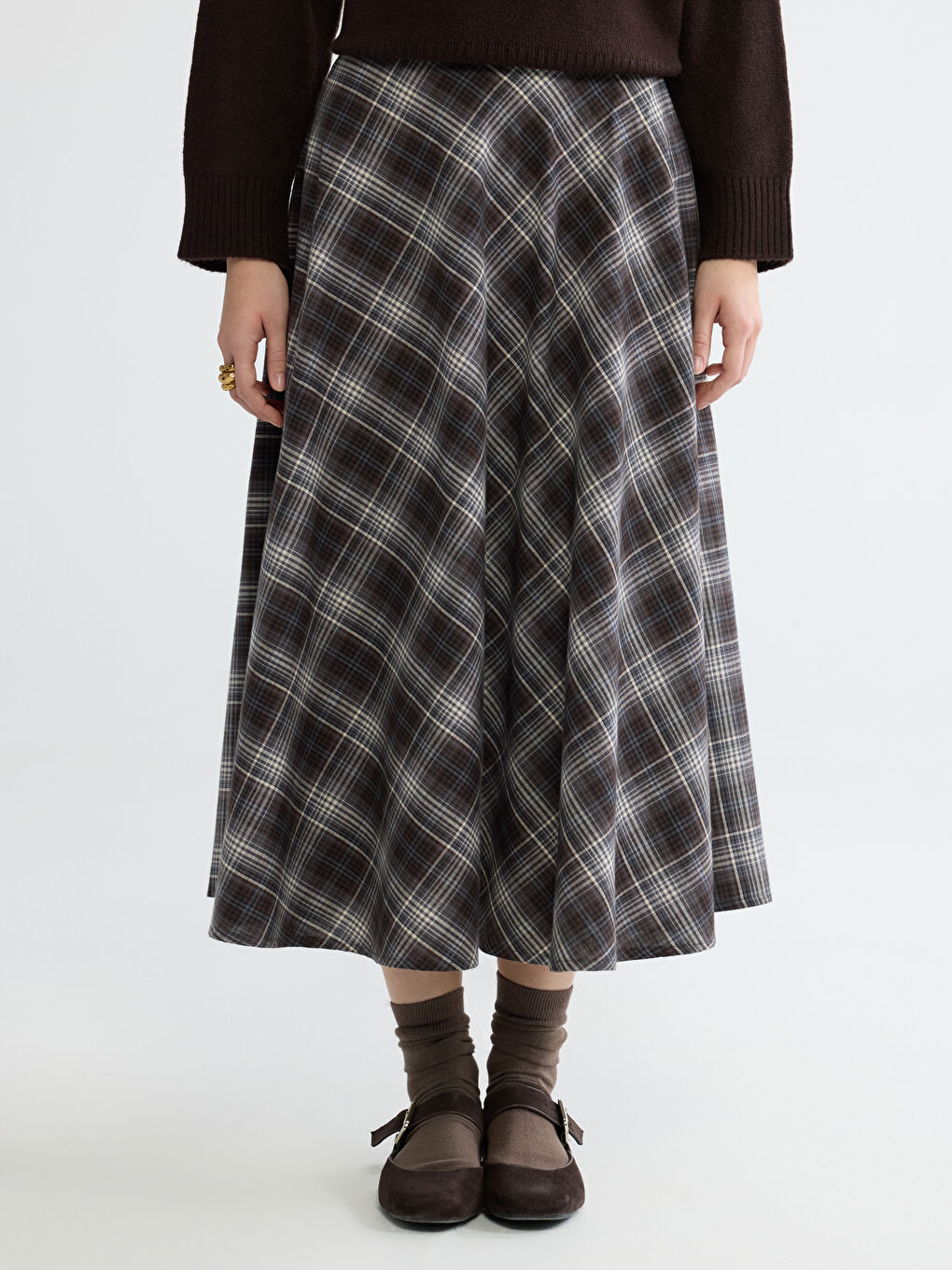 Kahverengi Beli Fermuarlı Baklava Desenli A Kesim Etek-1