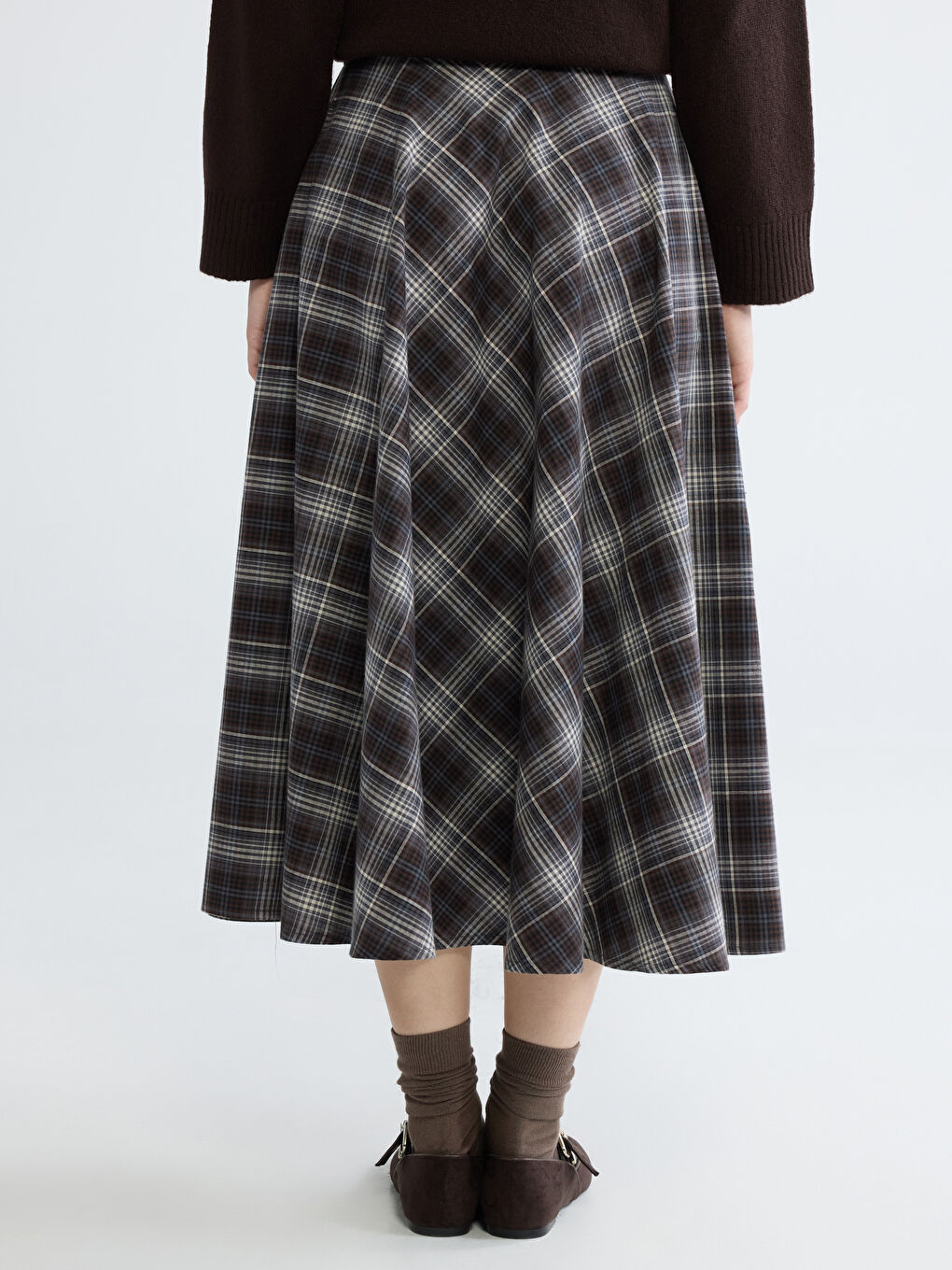 Kahverengi Beli Fermuarlı Baklava Desenli A Kesim Etek-3