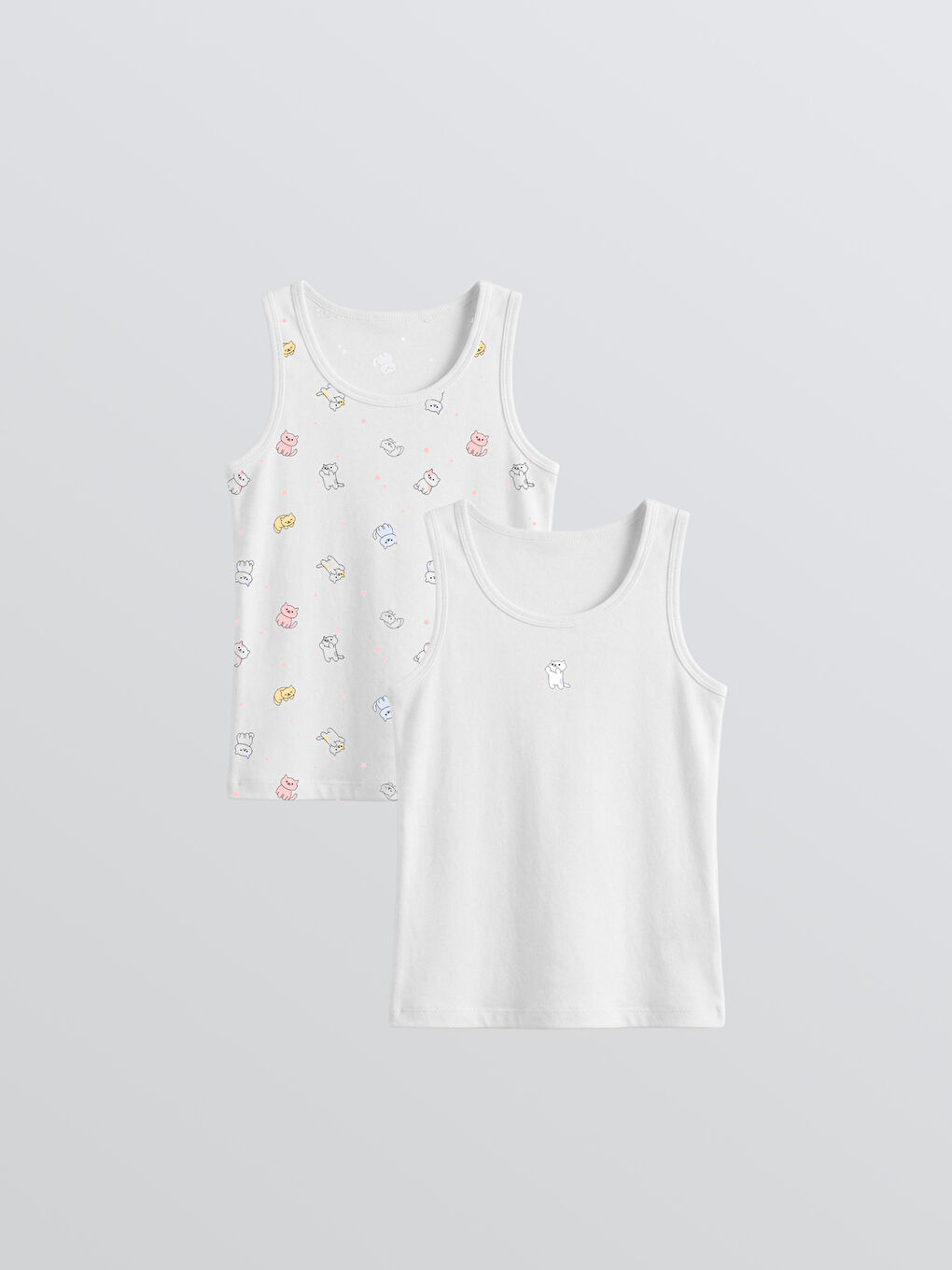 Beyaz Baskılı Bisiklet Yaka Kız Çocuk Atlet 2'li