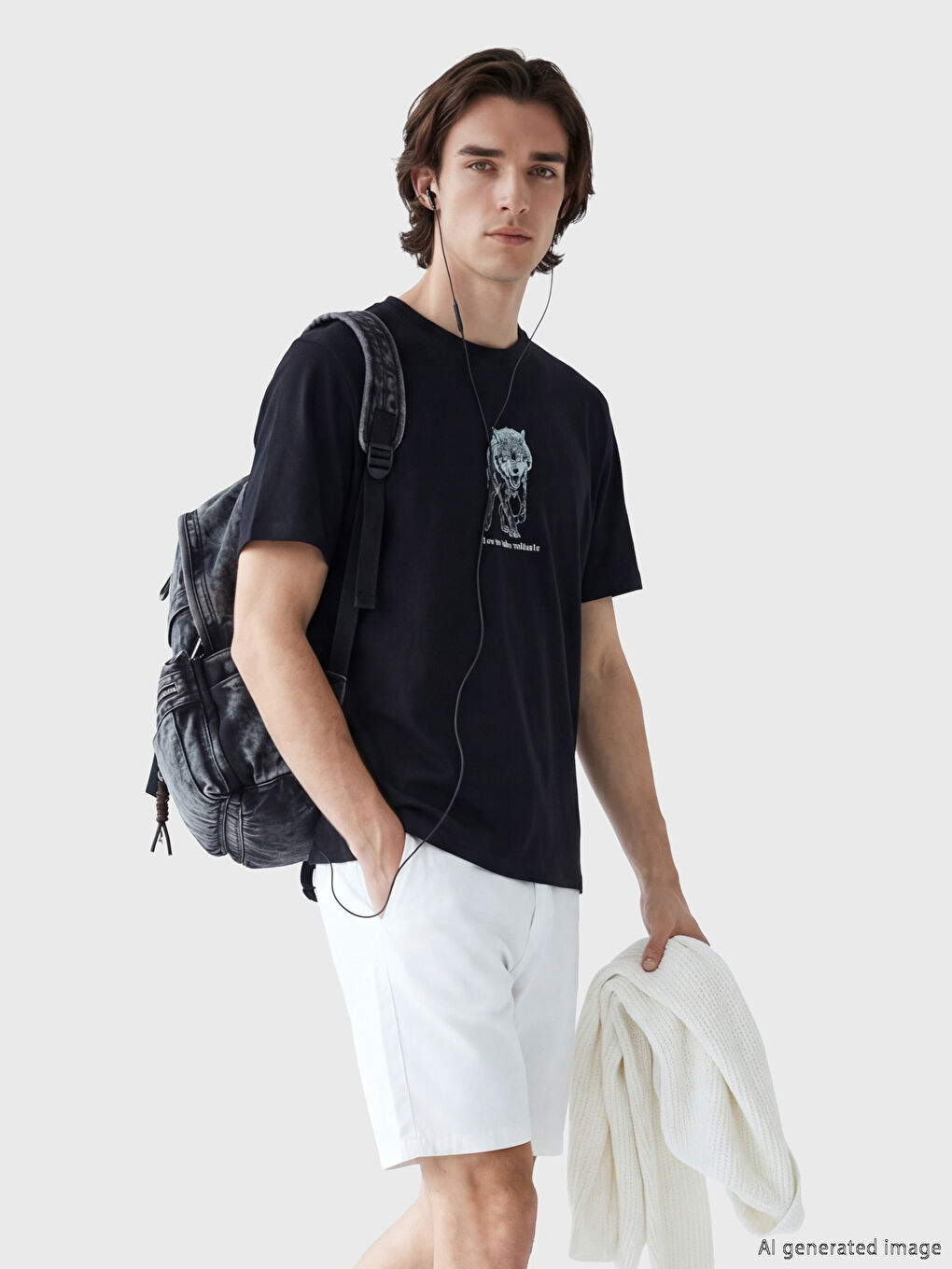 Siyah Bisiklet Yaka Baskılı Erkek Tişört