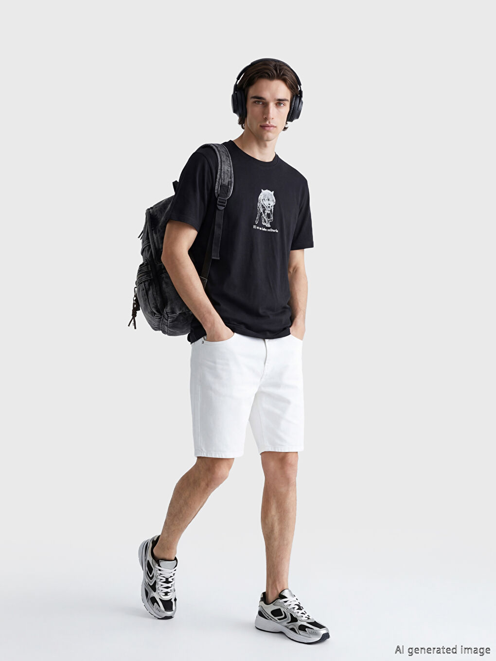 Siyah Bisiklet Yaka Baskılı Erkek Tişört-1