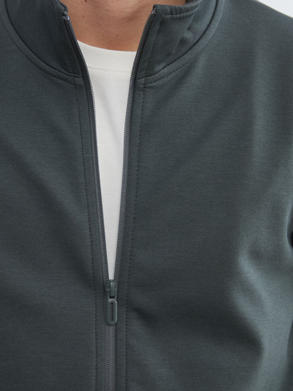 Gri Dik Yaka Erkek Fermuarlı Sweatshirt-2