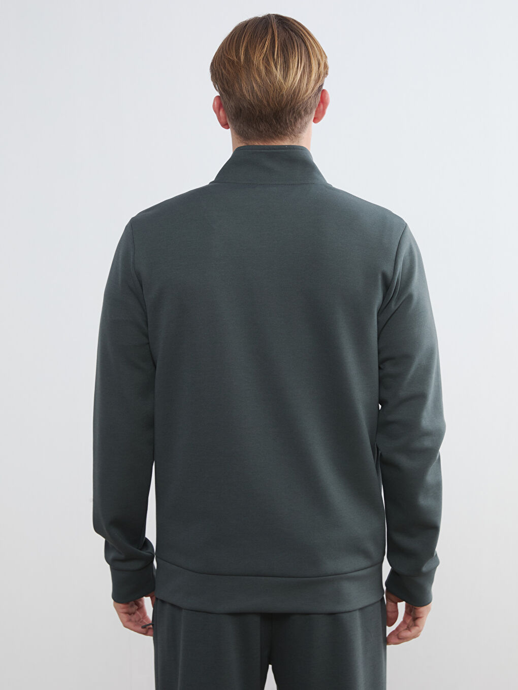Gri Dik Yaka Erkek Fermuarlı Sweatshirt-3