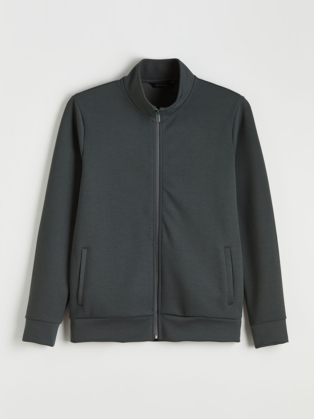 Gri Dik Yaka Erkek Fermuarlı Sweatshirt