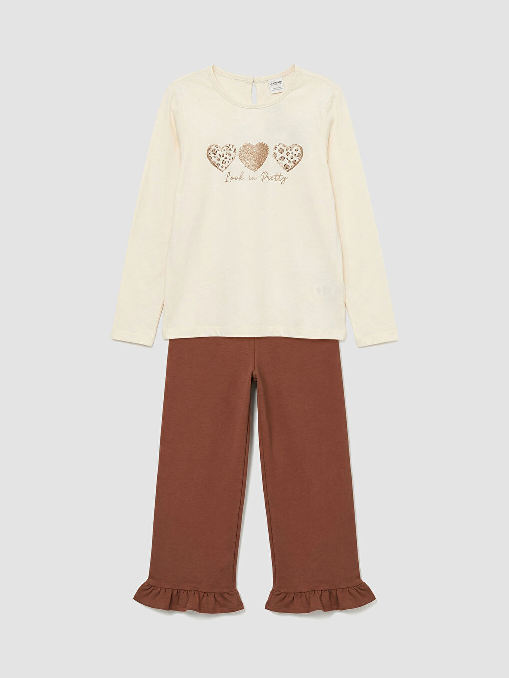Ekru Baskılı Kız Çocuk Tişört ve Tayt